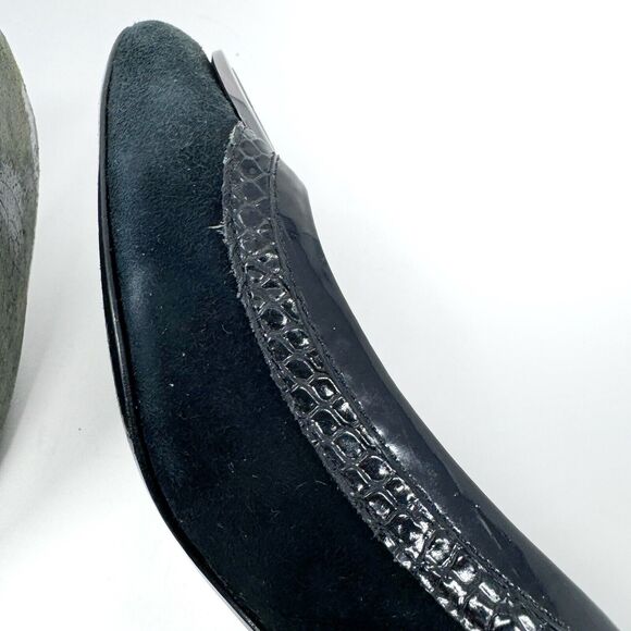 Tory Burch Frannie Reva Pumps 8.5 Black Suede Croc Trim Silver Logo Block Heels - Picture 6 of 14